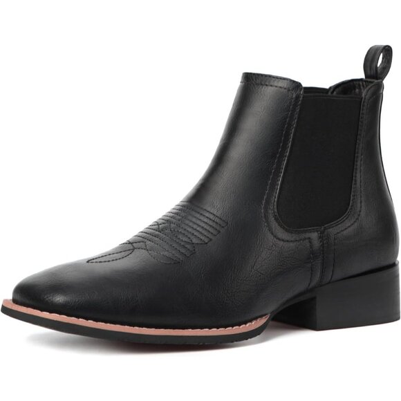 Men\'s Black Square Toe Chelsea Boots Western Ankle Boot Slip On Casual Boot